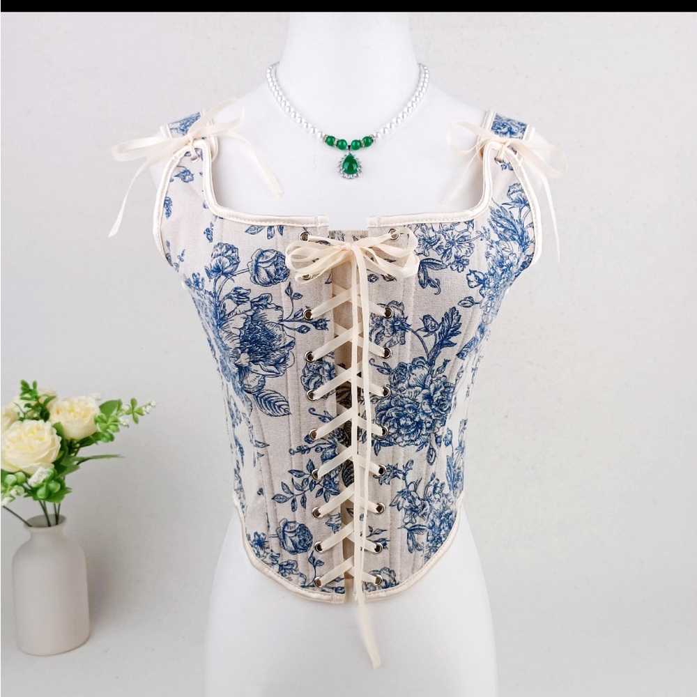 Blue and White Floral Corset Bodice Renaissance Faire Costume Size Medium - Picture 2 of 14